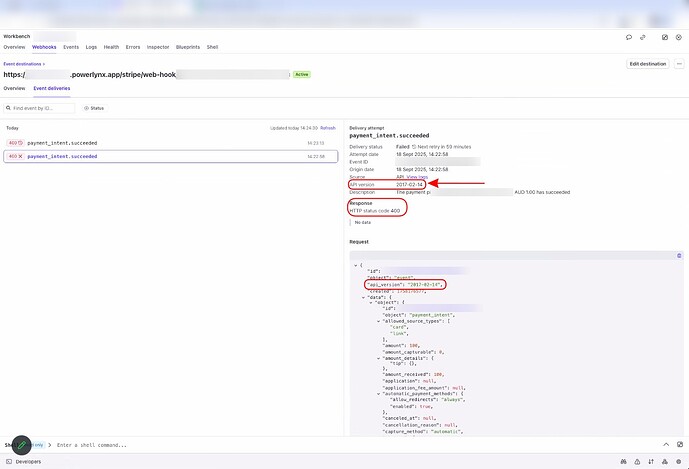 Stripe webhook delivery with 400 error and old API version